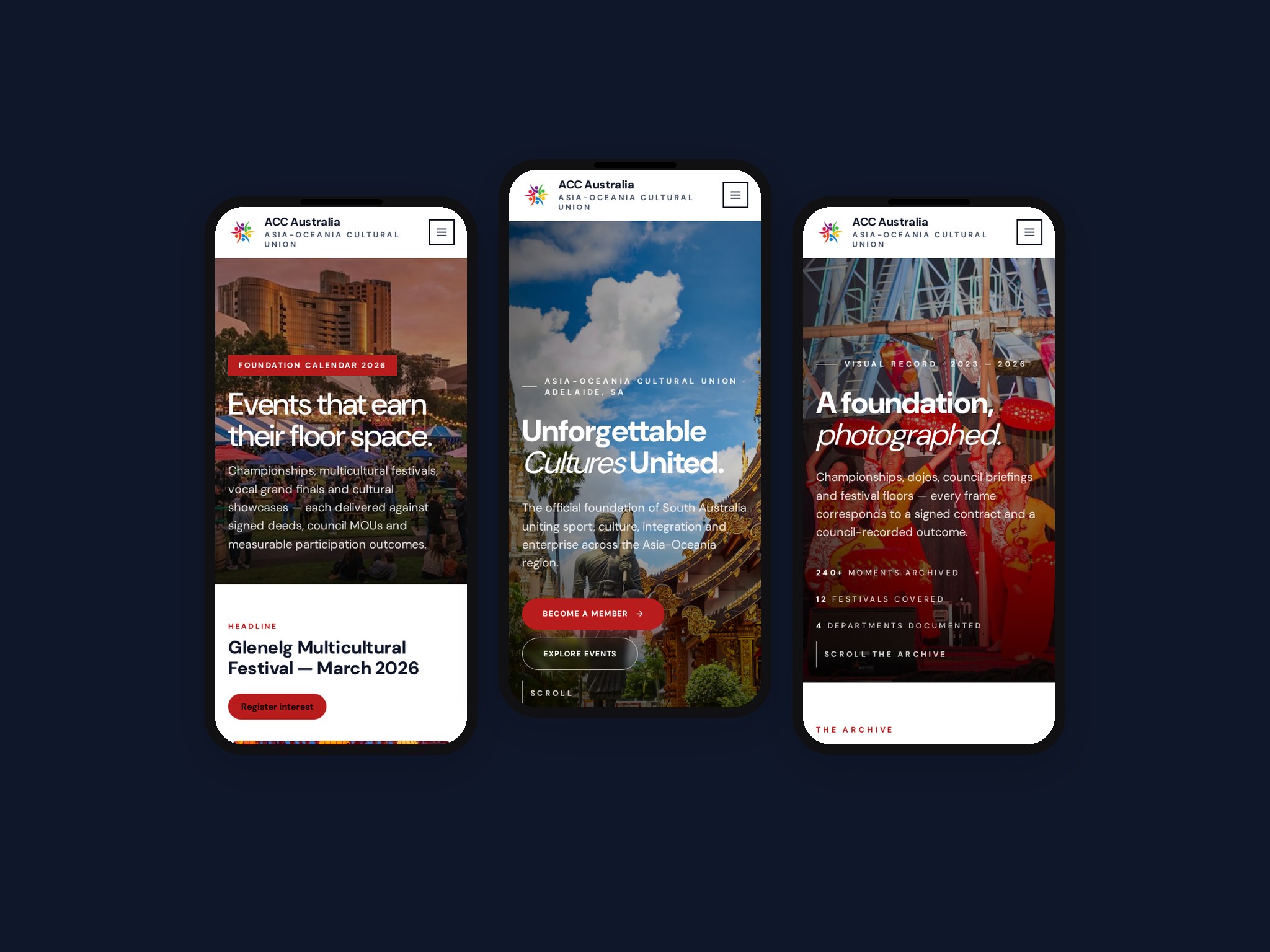 ACC Australia mobile pages: home, services and contact