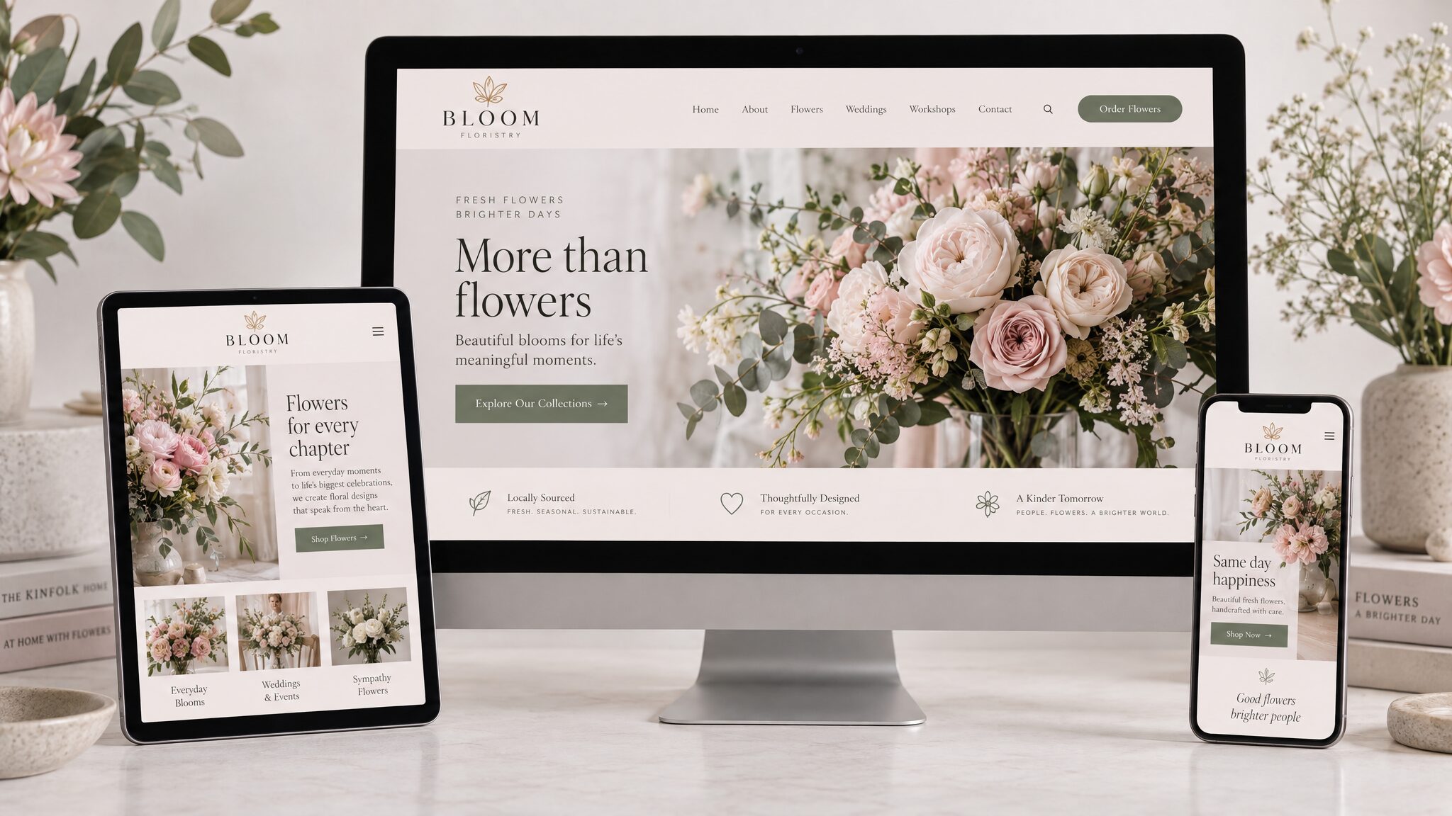Bloom Floristry website concept on desktop, tablet and phone