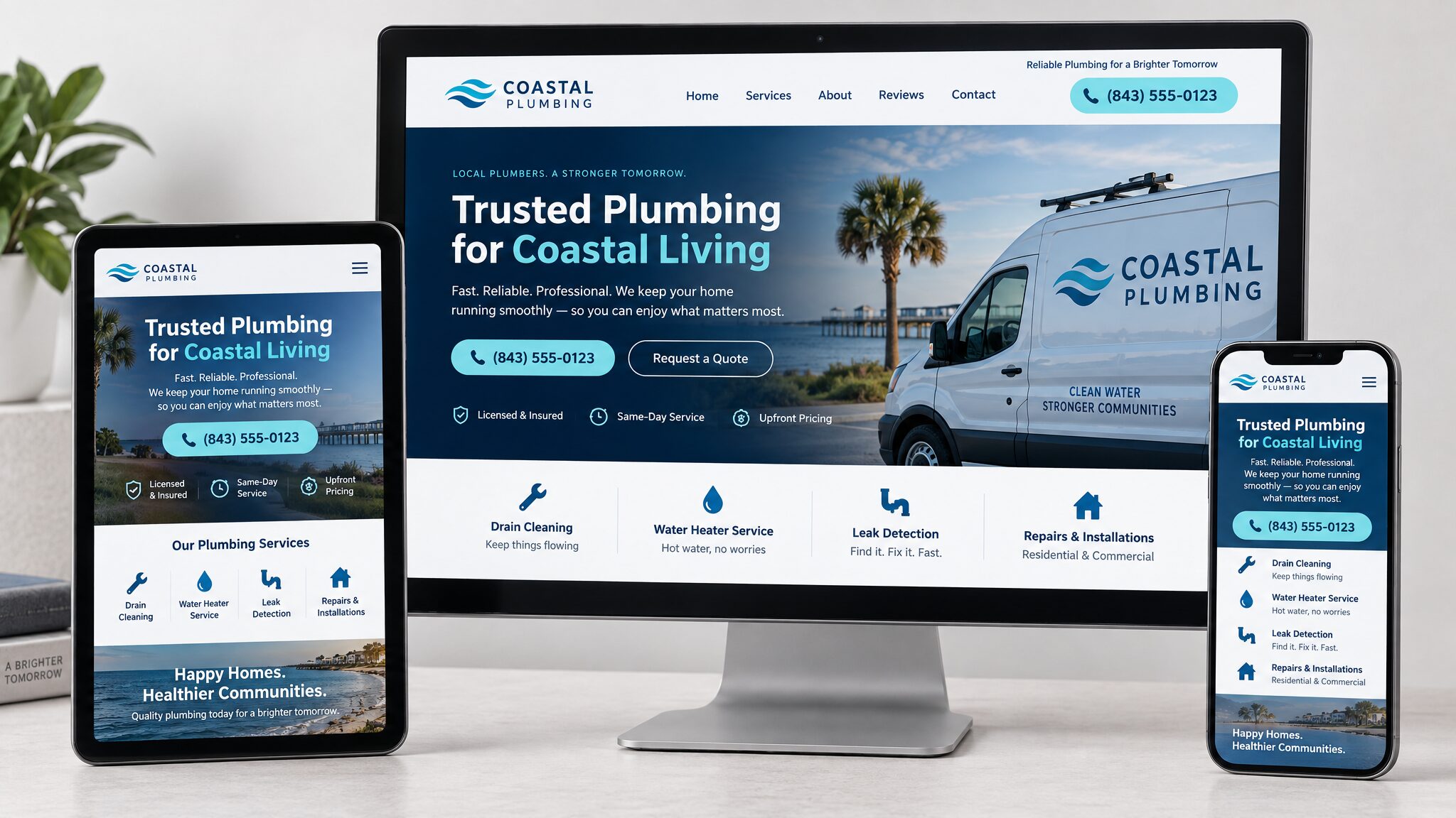 Coastal Plumbing website concept on desktop, tablet and phone