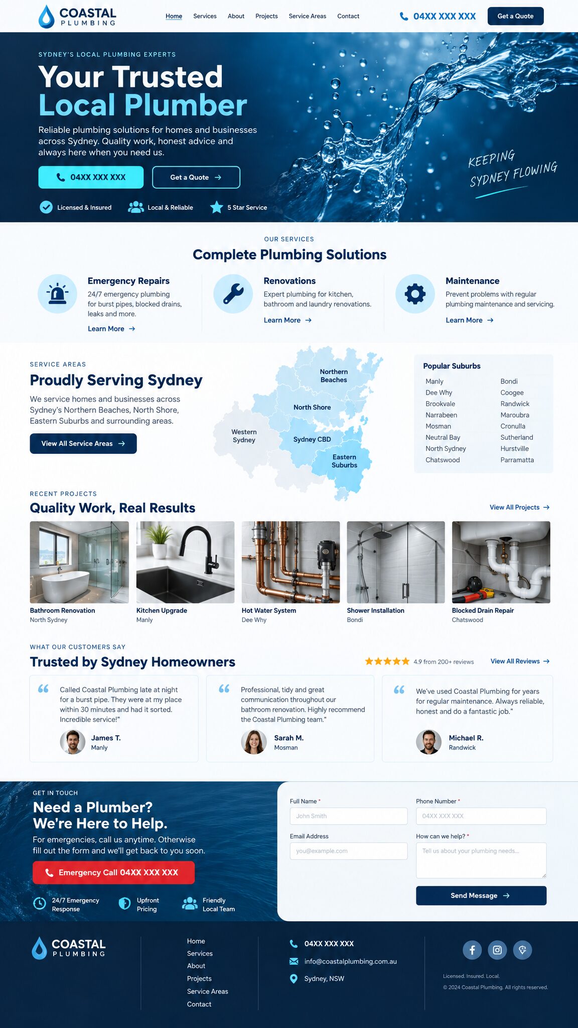 Full-length Coastal Plumbing homepage design