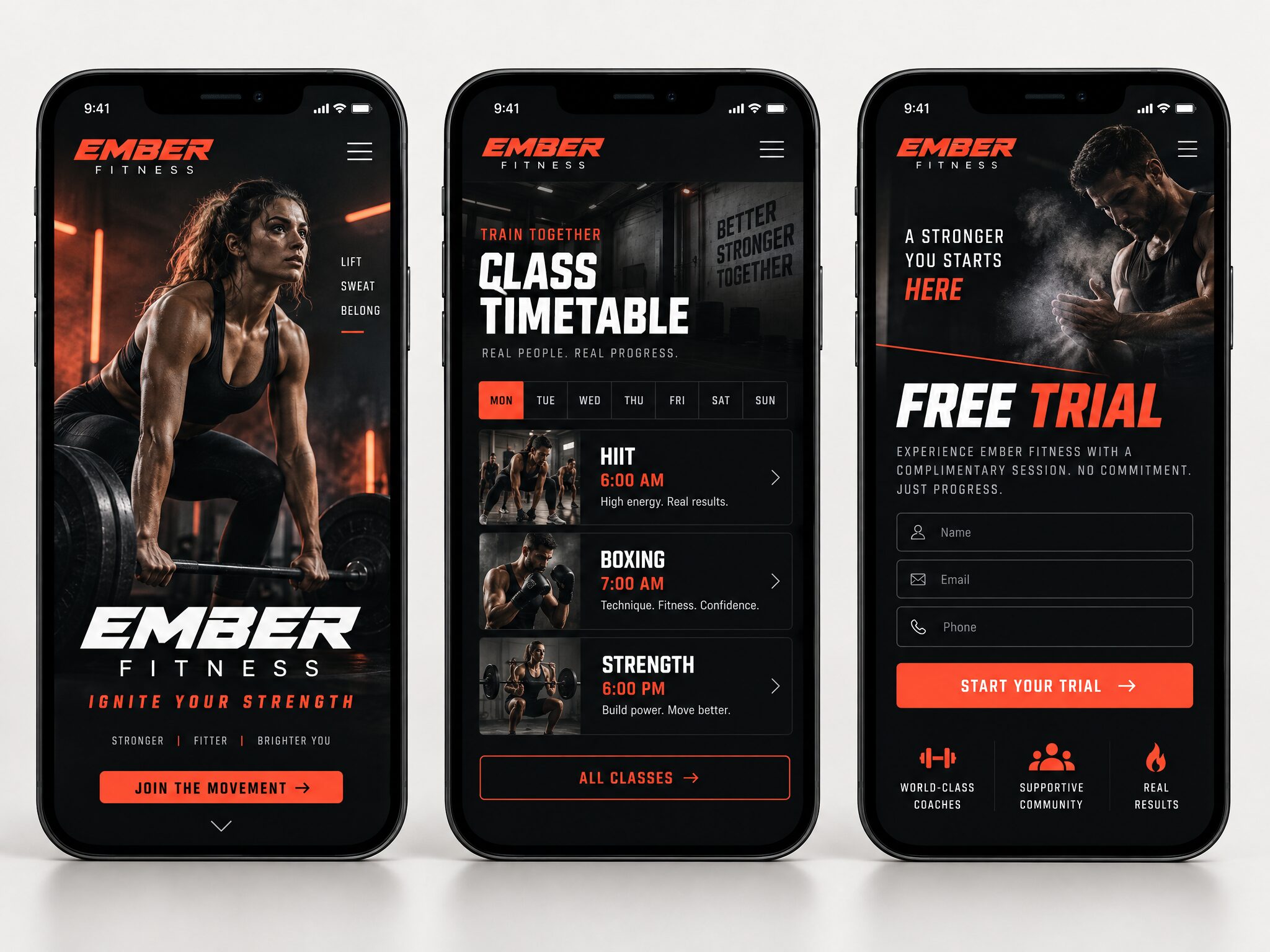 Ember Fitness mobile pages: home, services and contact