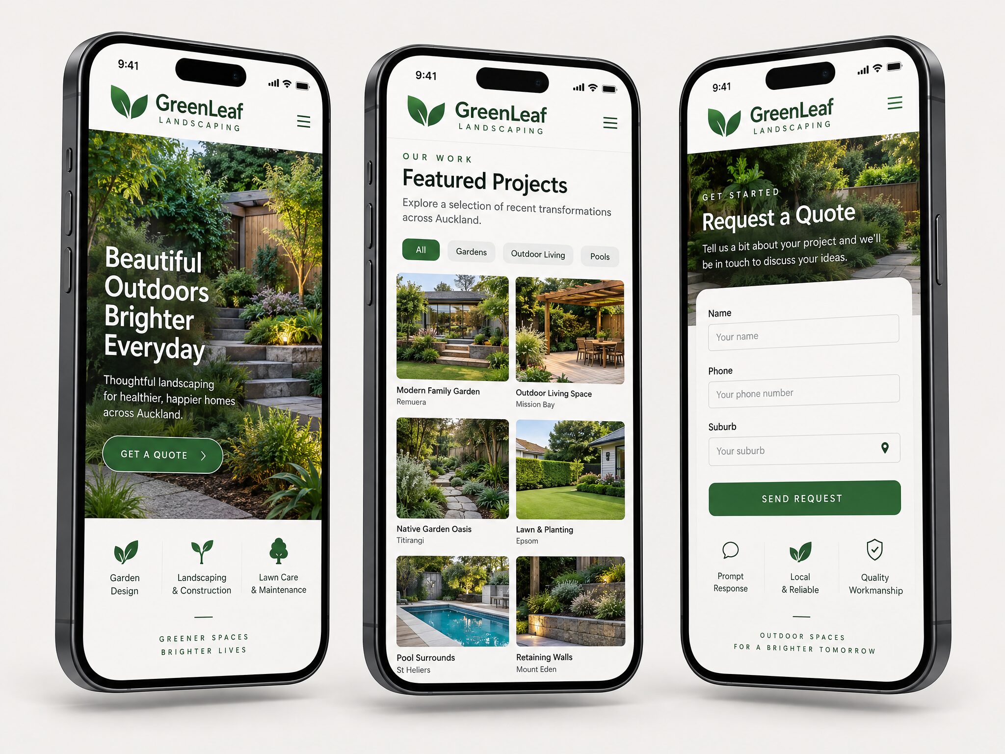 GreenLeaf Landscaping mobile pages: home, services and contact