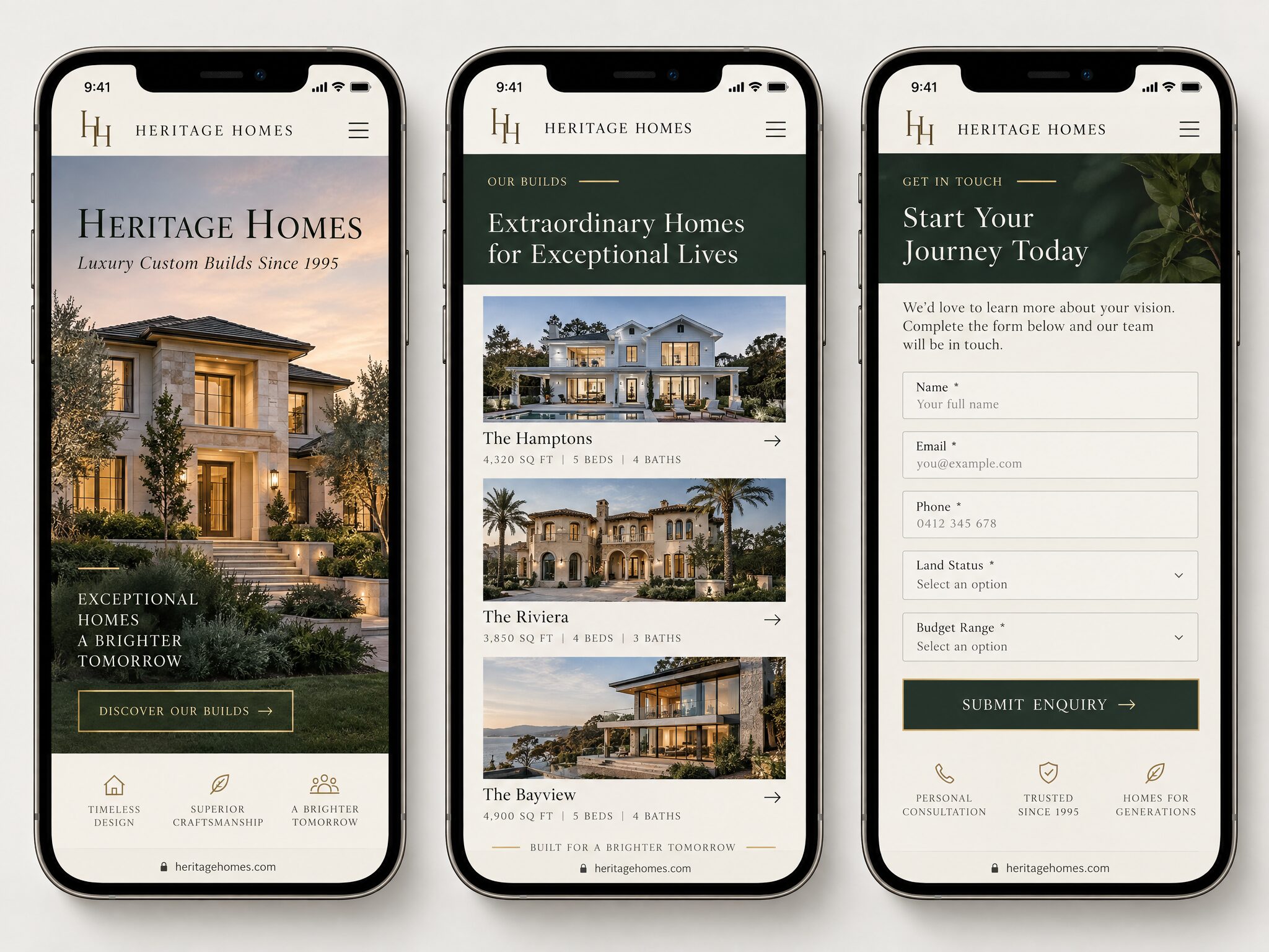 Heritage Homes mobile pages: home, services and contact