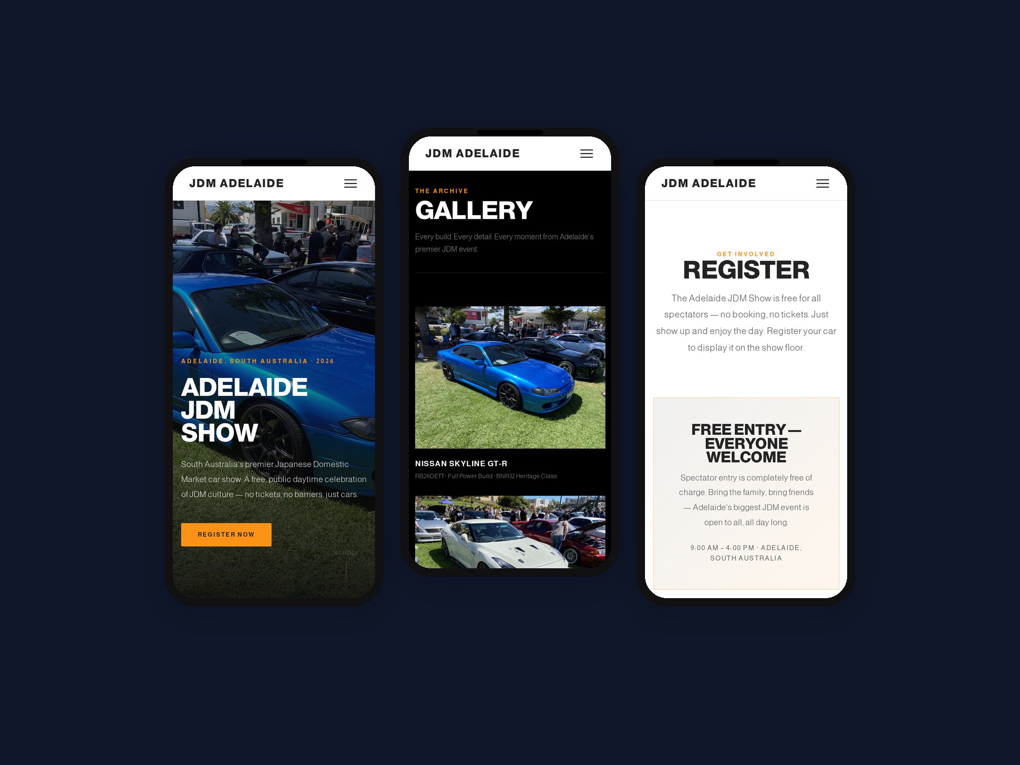 Adelaide JDM Show mobile pages: home, services and contact
