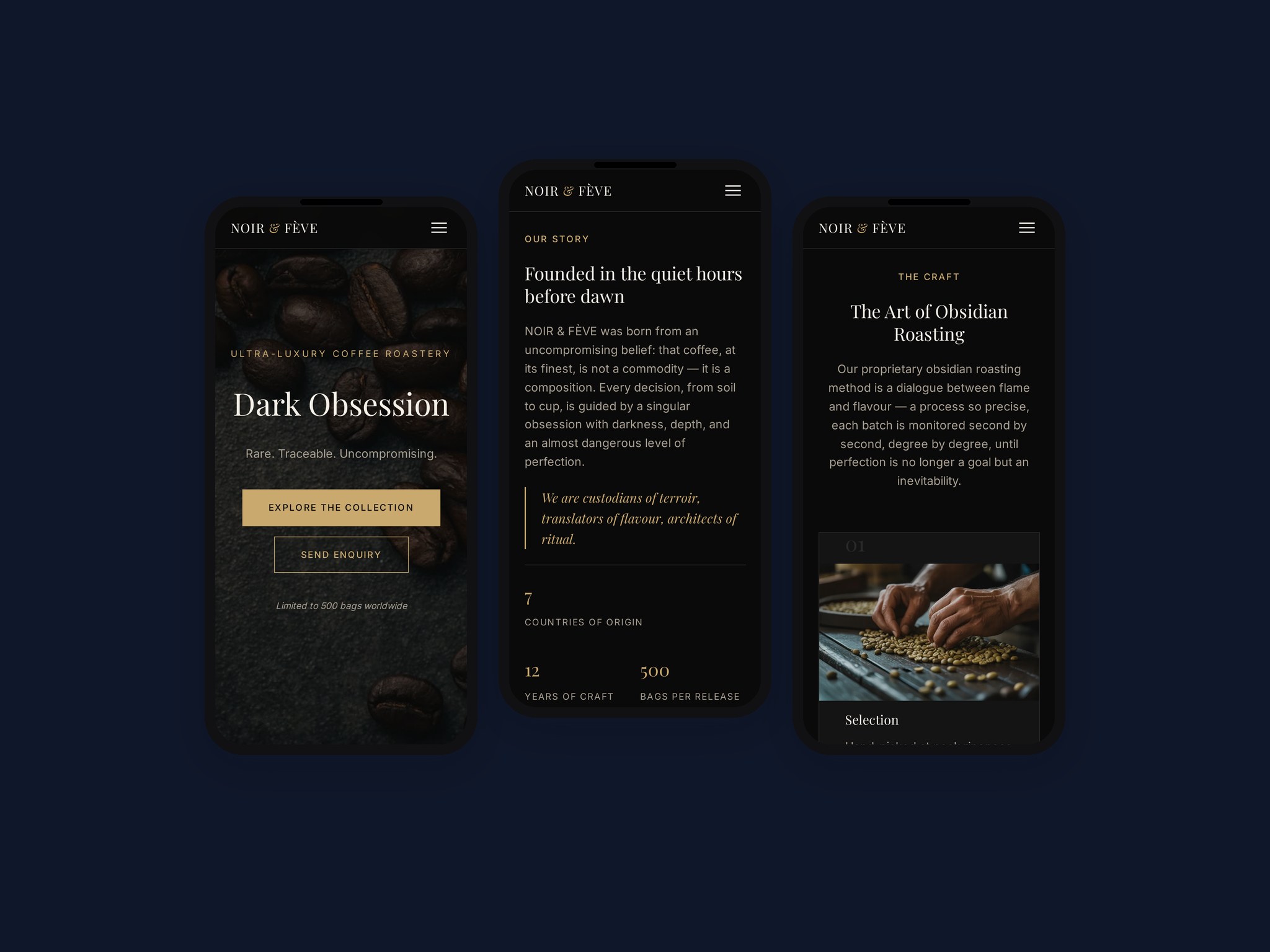 NOIR & FÈVE mobile pages: home, services and contact