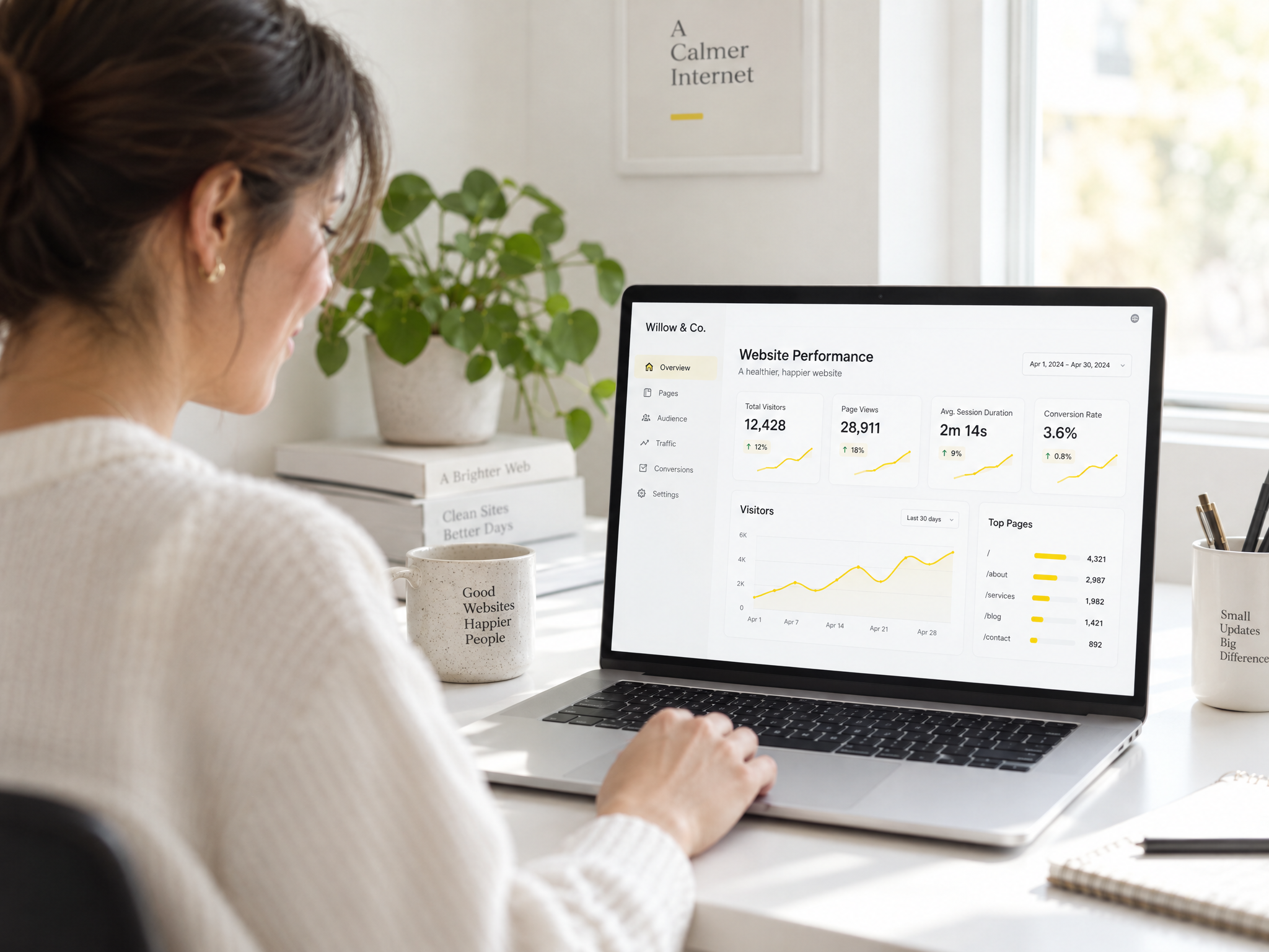 A designer reviewing a website performance dashboard as part of ongoing maintenance
