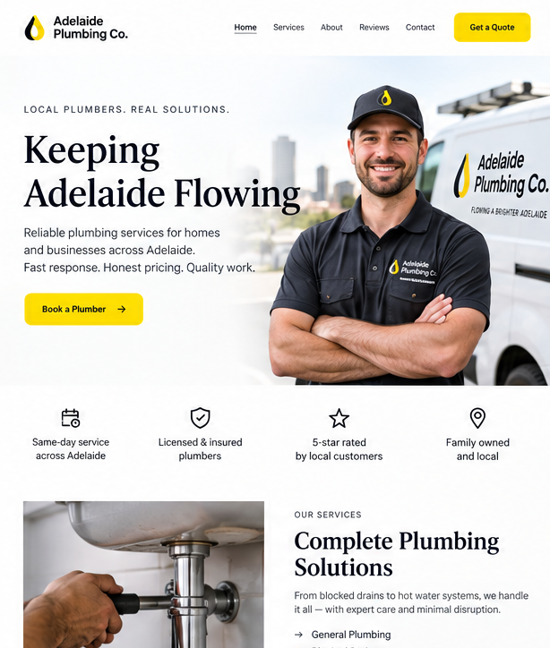 A plumbing business website page developed by websa as a design concept